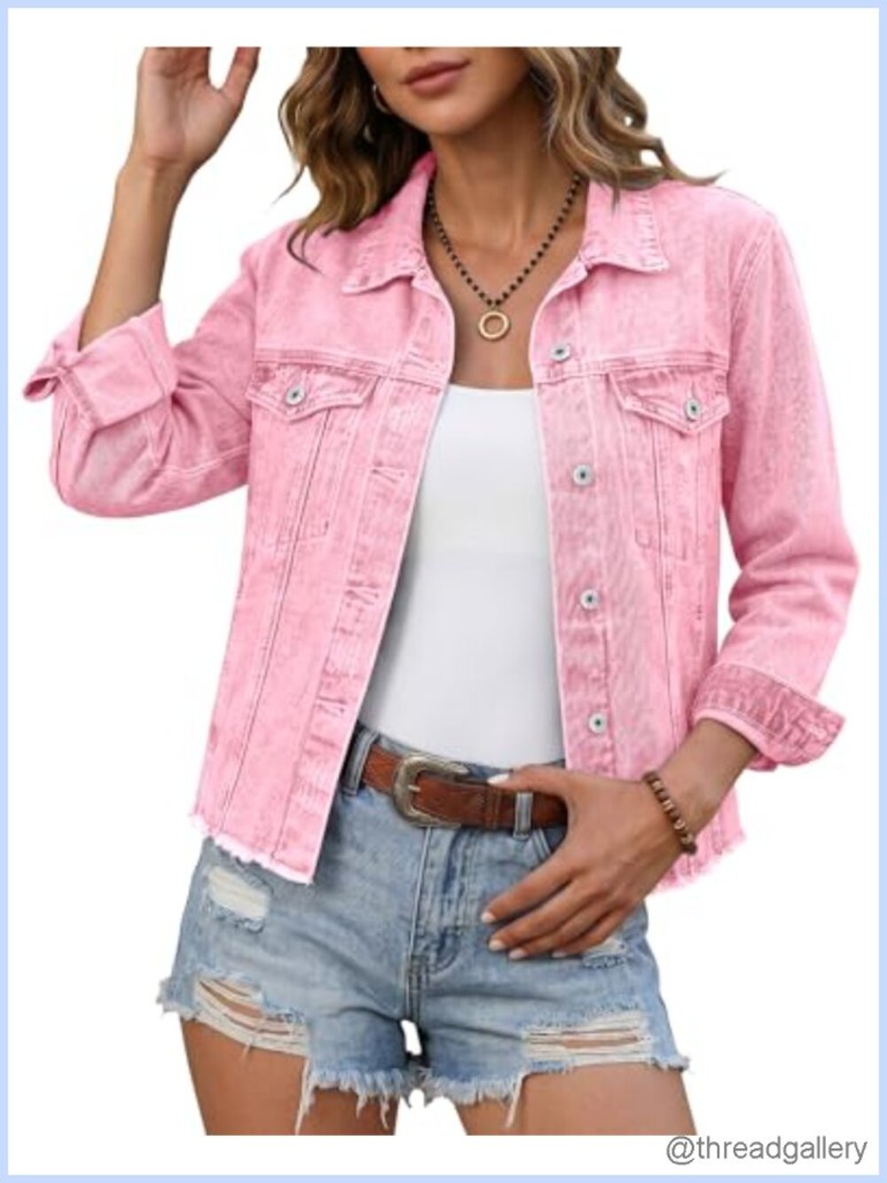 Women's Distressed Denim Jacket Button Up Frayed Hem Western Trucker
